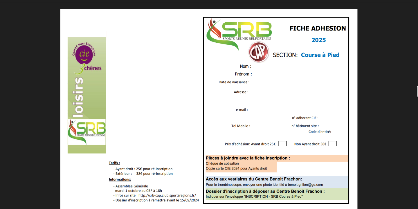 Fiche adhésion section SRB CàP saison 2024-2025