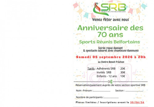Soirée Anniversaire 70 ans des SRB : inscriptions 