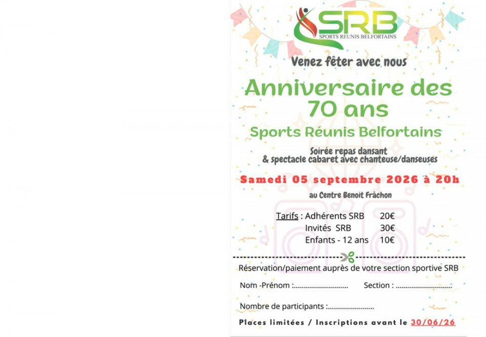 Soirée Anniversaire 70 ans des SRB : inscriptions 